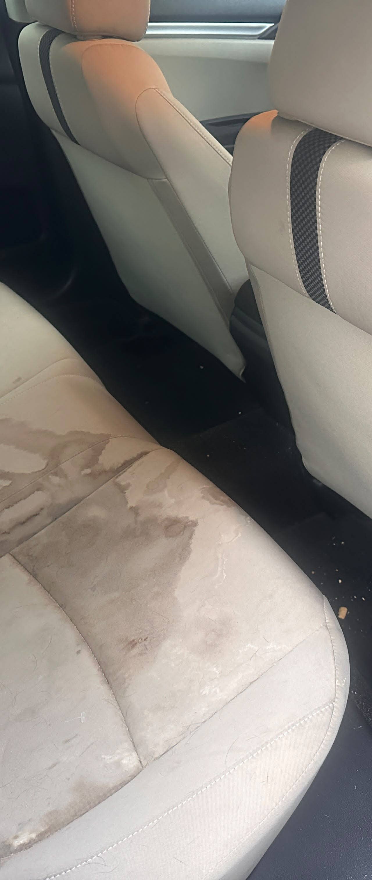 Honda Civic BEFORE interior detail by Detail Jockey — heavily stained beige cloth backseats, water spots and dirty rear floor carpet, NJ